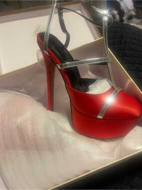 Red Satin Platform Stiletto Sandal with Silver Straps